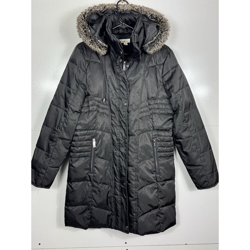 Kenneth Cole Faux‎ Fur Trim Hooded Down Puffer Black Coat G-III Apparel Size L